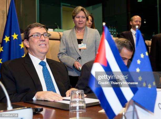 Cuban Foreign Affairs Minister Bruno Rodriguez arrives for a bilateral meeting with EU Officials at the EU Council headquarters on May 15, 2018 in...