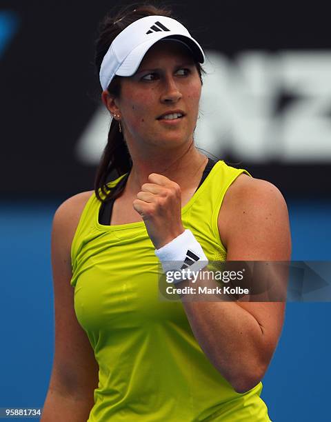 Sofia Arvidsson of Sweden celebrates winning match point in her first round match against Jarmila Groth of Australia during day three of the 2010...