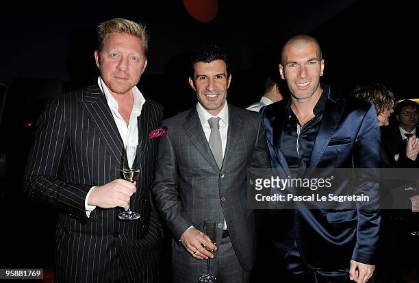 Boris Becker, Luis Figo and Zinedine Zidane attend the IWC Schaffhausen Private Dinner Reception during the Salon International de la Haute...