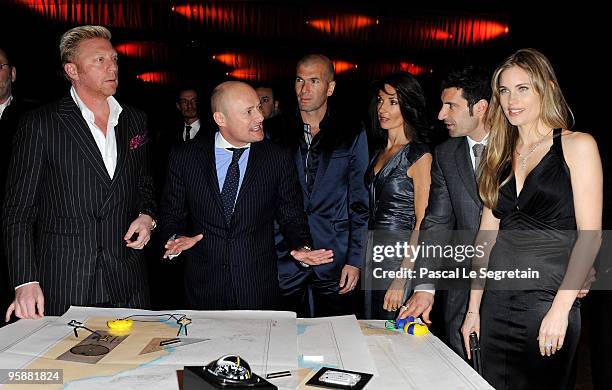 Former tennis player Boris Becker, Georges Kern, CEO of IWC Schaffhausen, former French footballer Zinedine Zidane, his wife Veronique Zidane, former...