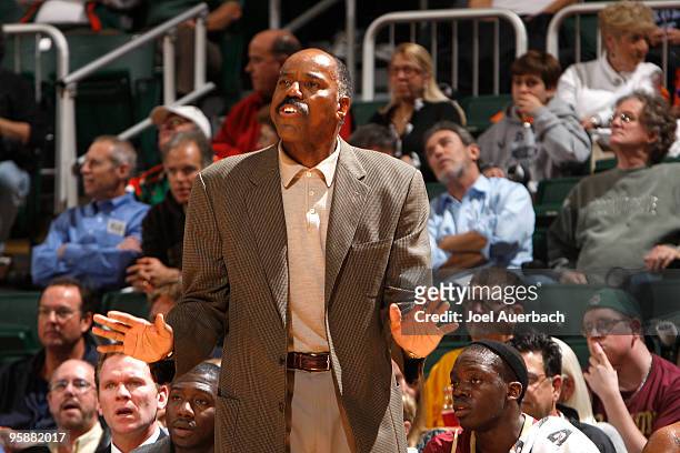 Head coach Al Skinner of the Boston College Eagles reacts during first half action against the Miami Hurricanes on January 19, 2010 at the BankUnited...