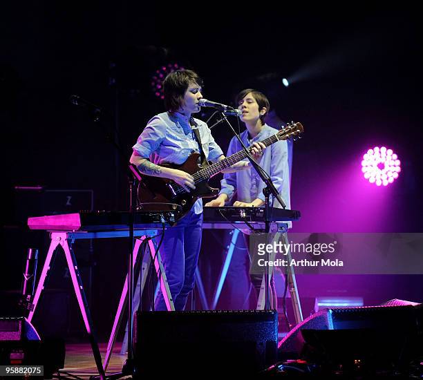 Singers Tegan Quin and Sara Quin of Tegan and Sara perform at Massey Hall on January 19, 2010 in Toronto, Canada.