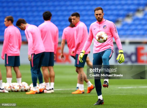 Jan Oblak of Atletico Madrid warms up during a Club Atletico de Madrid training session ahead of the the UEFA Europa League Final against Olympique...