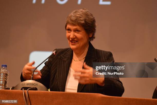 Former Prime Minister of New Zealand, Helen Clark gestures as she speaks during a moderated conversation on 'The Importance of Women in Public...