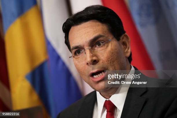 Israeli ambassador to the United Nations Danny Danon speaks to reporters during a press briefing before a United Nations Security Council meeting...
