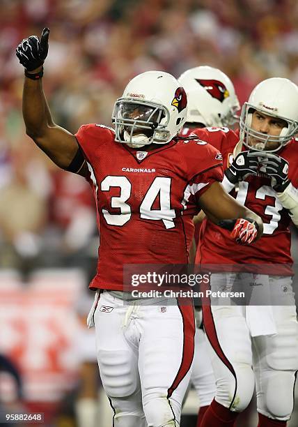 Runningback Tim Hightower of the Arizona Cardinals celebrates during the 2010 NFC wild-card playoff game against the Green Bay Packers at the...