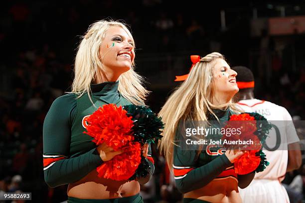 Miami Hurricanes cheerleaders perform during a time out against the Boston College Eagles on January 19, 2010 at the BankUnited Center in Coral...