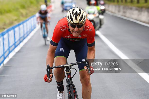 Slovenia's rider of team Bahrain Merida Matej Mohoric sprints to win the 10th stage between Penne and Gualdo Tadino during the 101st Giro d'Italia,...