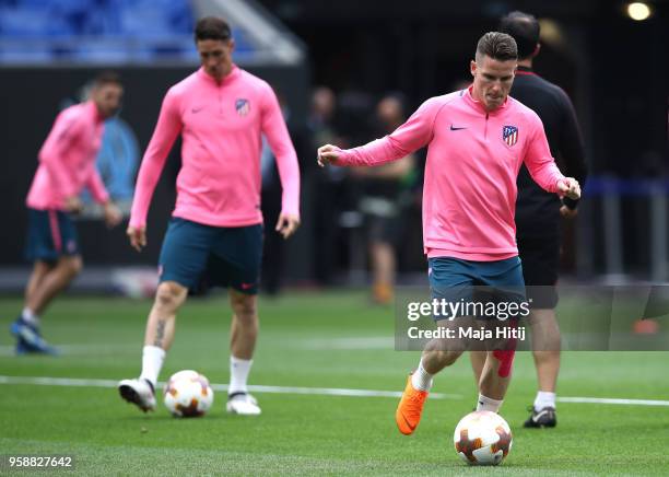 Kevin Gameiro of Atletico Madrid in action during a Club Atletico de Madrid training session ahead of the the UEFA Europa League Final against...