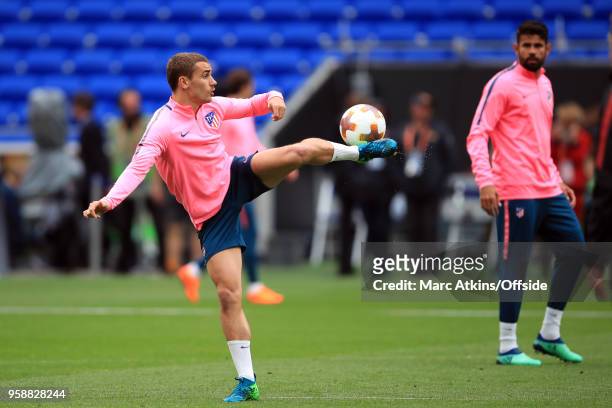 Antoine Griezmann and Diego Costa of Atletico Madrid during a training session at Stade de Lyon ahead of the UEFA Europa League Final between...