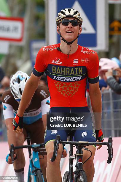 Slovenia's rider of team Bahrain Merida Matej Mohoric celebrates after winning the 10th stage between Penne and Gualdo Tadino during the 101st Giro...