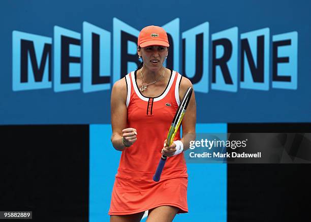 Yaroslava Shvedova of Kazakhstan celebrates winning a point in her first round match against Kimiko Date Krumm of Japan during day three of the 2010...