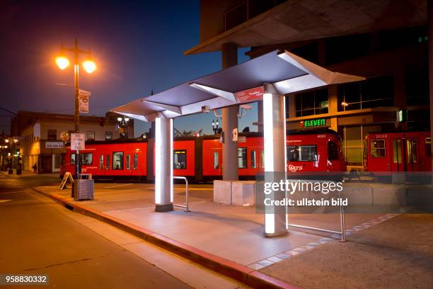 Upgraded Metropolitan Transit System bus-stop at City College Trolley Station with recently installed camera surveillance.