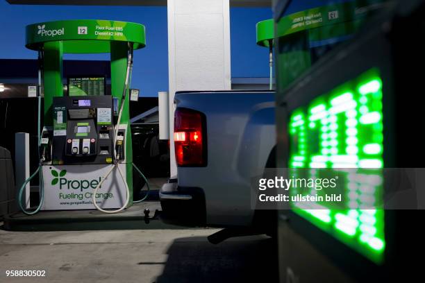 Propel gas station selling Flex Fuel E85 and Diesel HPR, aka renewable diesel which contains recycled fats and oils.