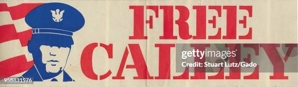 Red, white, and blue bumper sticker, with a stylized US flag and soldier in the upper left corner and the pro-war message "Free Calley, " demanding...