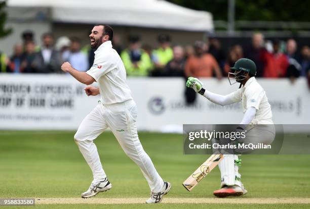 Stuart Thompson of Ireland celebrates after taking the wicket of Sarfraz Ahmed of Pakistan on the fifth day of the international test cricket match...