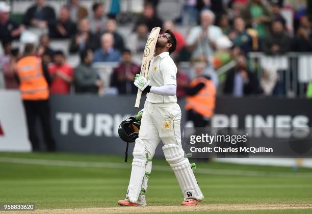 Imam ul-Haq of Pakistan kisses his bat after scoring the winning run on the fifth day of the international test cricket match between Ireland and...