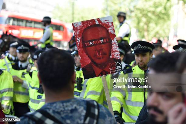 Anti-Erdogan protester outside Downing Street as Turkish President Recep Tayyip Erdogan meets the Prime Minister, on May 15, 2018 in London, England....
