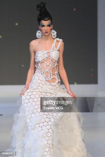 Model showcases designs by Ali Charisma on the catwalk during the La Mer show as part of the Hong Kong Fashion Week Fall/Winter 2010 on January 19,...