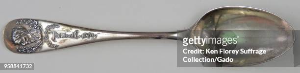 Silver spoon, engraved with the profile of a woman, identified as Susan B Anthony, and the message "Political Equality, " designed by Millie Logan,...