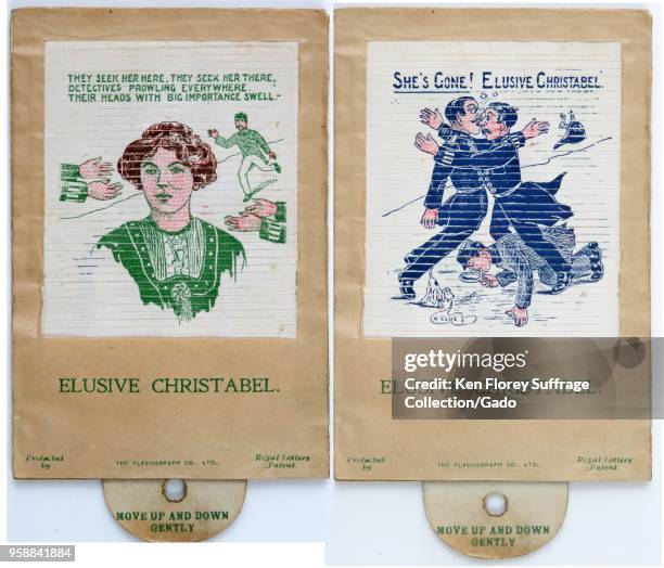 Two images of a metamorphic game card or 'Flashograph, ' titled "Elusive Christabel, " that changes scene and color when a tab is pulled, referring...