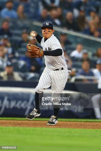 Ronald Torreyes of the New York Yankees in action against the Boston Red Sox at Yankee Stadium on May 10, 2018 in the Bronx borough of New York City....