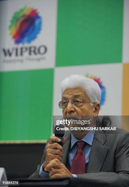 Chairman of Wipro, Azim Premji addresses a press conference to announce the third quarter financial results of the company at the Wipro campus in...