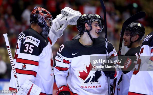 Matt Barzal of Canada celebrate with his team mates the 2018 IIHF Ice Hockey World Championship Group B game between Canada and Germany at Jyske Bank...