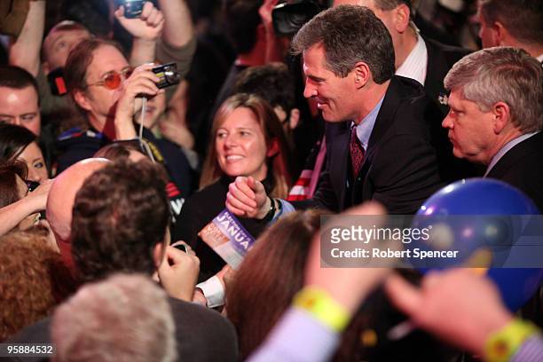 Massachusetts Senator-elect, Republican Scott Brown greets supporters after speaking at his victory celebration on January 19, 2010 in Boston,...