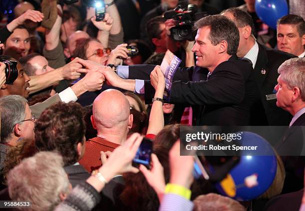 Massachusetts Senator-elect, Republican Scott Brown greets supporters after speaking at his victory celebration on January 19, 2010 in Boston,...