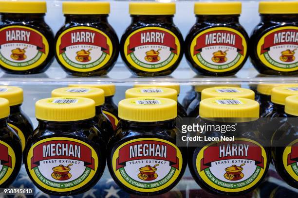Jars of the divisively-flavoured yeast extract spread Marmite, labelled with the names "Meghan" and "Harry" are seen on a shop shelf, as fans begin...