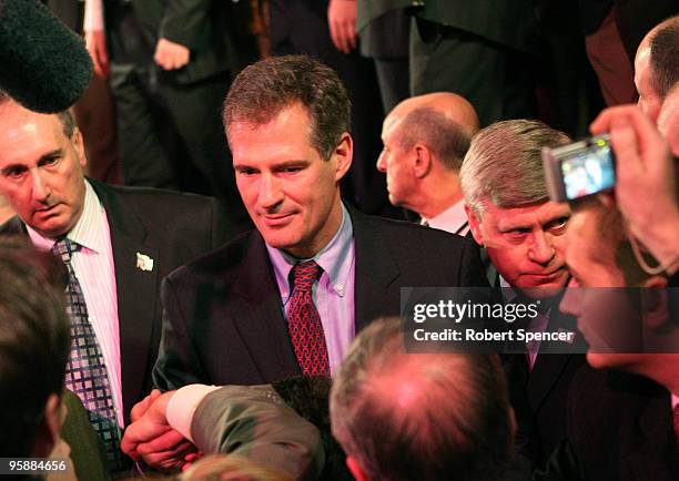 Massachusetts Senator-elect, Republican Scott Brown greets supporters after speaking at his victory celebration on January 19, 2010 in Boston,...