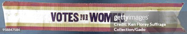 Green, purple and white parade sash, with black text reading "Votes for Women, " produced by Harriot Stanton Blatch’s Women’s Political Union, for...