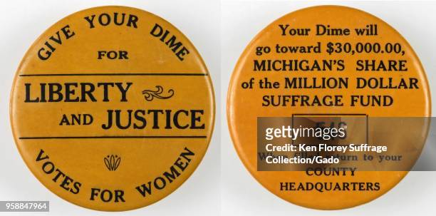 Two images of a novelty, celluloid bank, with the message “Liberty and Justice, give your dime for votes for women, ” in black text on a yellow...