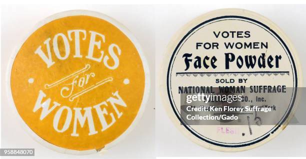 Two images of a round face powder container, labeled “Votes for Women, ” in yellow on a white ground, with black text identifying the product as...