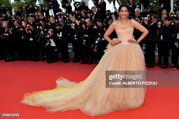 Indian actress Sonam Kapoor poses as she arrives on May 15, 2018 for the screening of the film "Solo : A Star Wars Story" at the 71st edition of the...