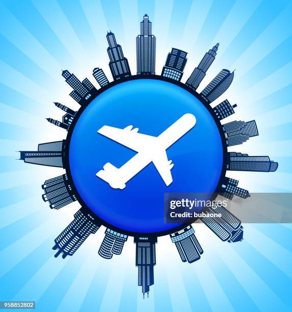 airplane on modern cityscape skyline background - plane window view stock illustrations
