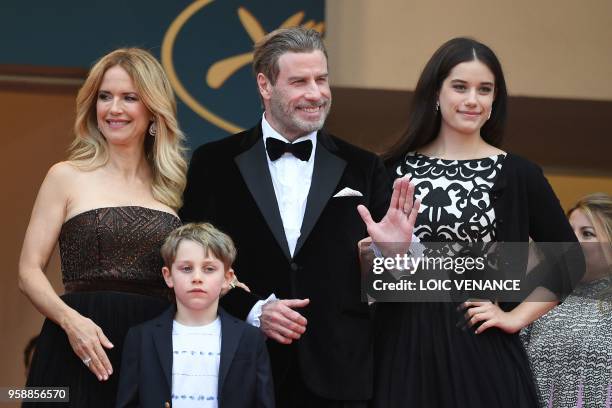 Actor John Travolta , his wife US actress Kelly Preston and their children Ella Bleu Travolta and Benjamin Travolta pose as they arrive on May 15,...