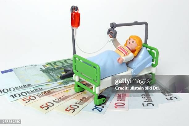 Symbolbild Gesundheitssystem, Gesundheitsreform, Gesundheitskosten, Krankengeld, Einzelzimmerzuzahlung, Playmobilfigur und Euro Geldscheine -