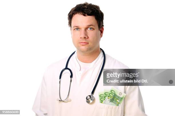 Doctor with stethoscope and Euro banknotes in her pocket -