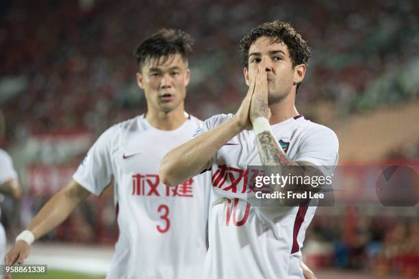 Alexandre Pato of Tianjin Quanjian celebrates after scoring his team's first goal during the AFC Champions League Round of 16 second leg match...