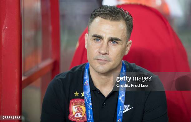 Guangzhou Evergrande Head Coach Fabio Cannavaro react during the AFC Champions League Round of 16 second leg match between Guangzhou Evergrande and...