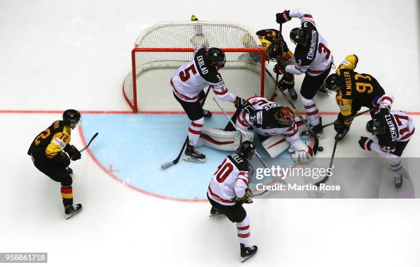 Darcy Kuemper, goaltender of Canada tends net against Germany during the 2018 IIHF Ice Hockey World Championship Group B game between Canada and...