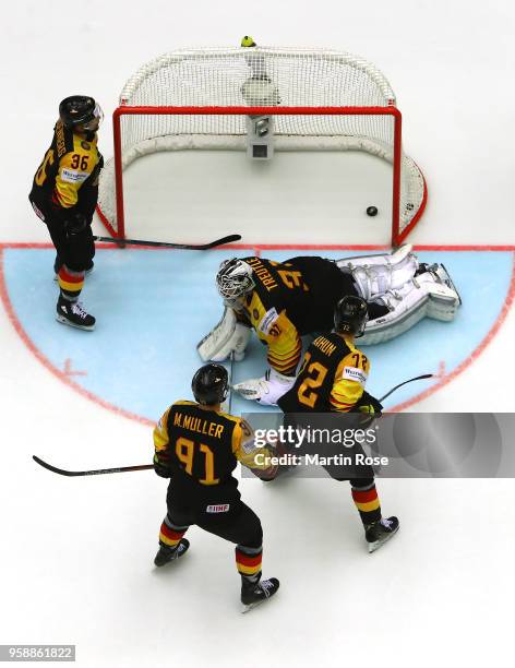 Nicklas Treutle, goaltender of Germany reacts after he gets a goal during the 2018 IIHF Ice Hockey World Championship Group B game between Canada and...