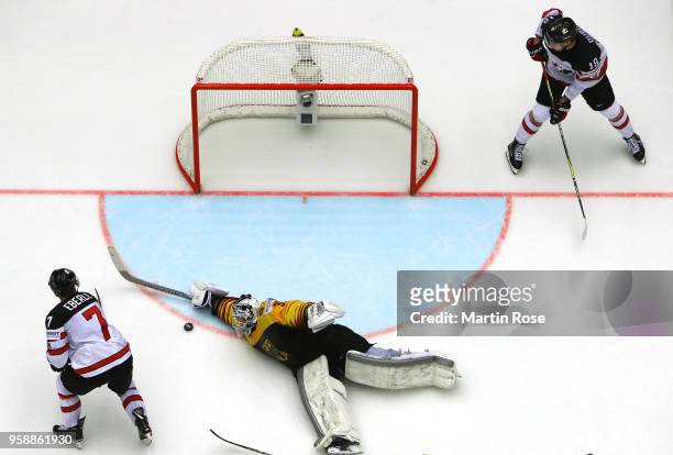 Nicklas Treutle, goaltender of Germany tends net against Jordan Eberle of Canada during the 2018 IIHF Ice Hockey World Championship Group B game...