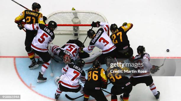 Darcy Kuemper, goaltender of Canada tends net against Germany during the 2018 IIHF Ice Hockey World Championship Group B game between Canada and...