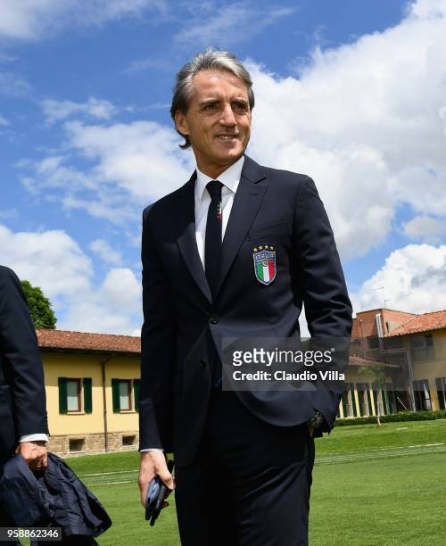 Head coach of Italy Roberto Mancini poses for a photo after the press conference at Centro Tecnico Federale di Coverciano on May 15, 2018 in...
