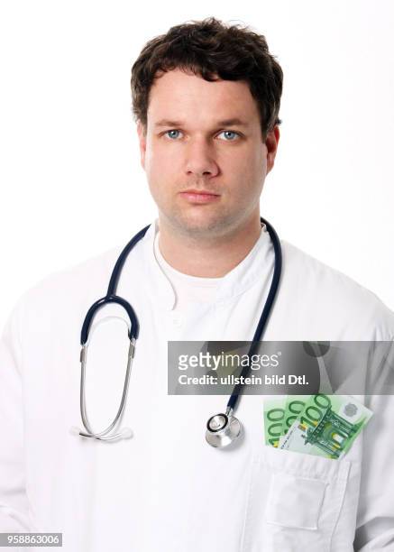 Doctor with stethoscope and Euro banknotes in her pocket -