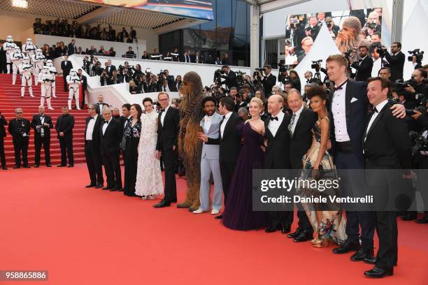 Writer Lawrence Kasdan, Screenwriter Jonathan Kasdan, producer Kathleen Kennedy, actress Phoebe Waller-Bridge, actor Paul Bettany, Chewbacca, actors...