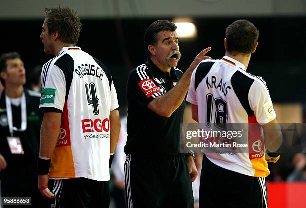 Heiner Brand, head coach of Germany gestures during the Men's Handball European Championship Group C match between Germany and Poland at the Olympia...